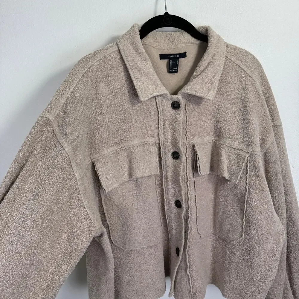 Forever 21 Beige Fleece Oversized Shirt Jacket Boxy Button Up Shacket Womens L